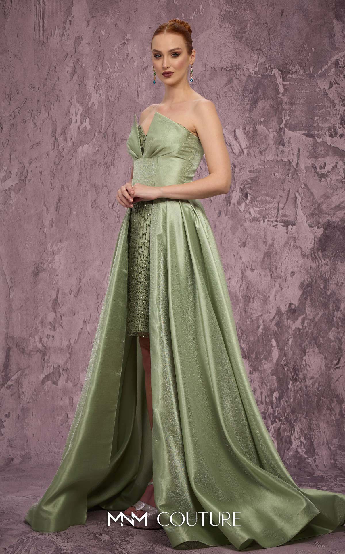 Strapless High Low Satin Prom Dress by MNM Couture Q2024 in Green