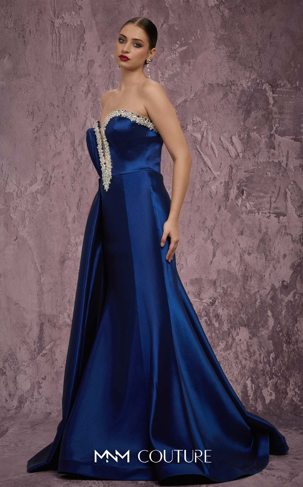 Strapless Long Satin Evening Gown by MNM Couture Q2414 in Navy Blue