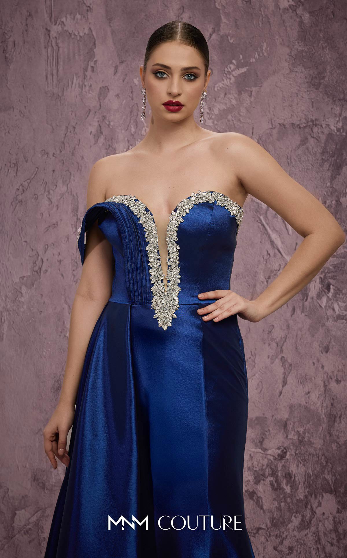 Strapless Long Satin Evening Gown by MNM Couture Q2414 in Navy Blue