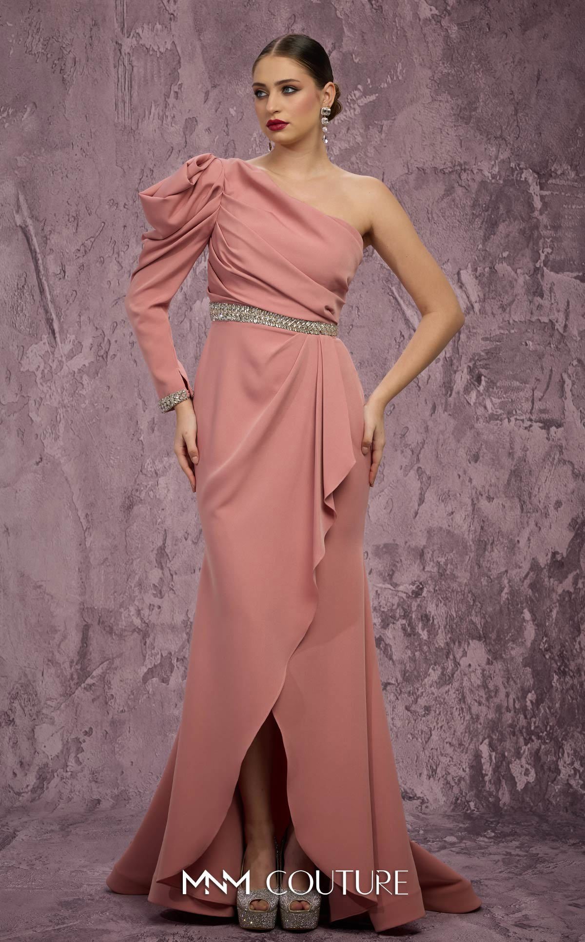 One Shoulder Long Satin Evening Gown by MNM Couture Q2851 in Light Pink