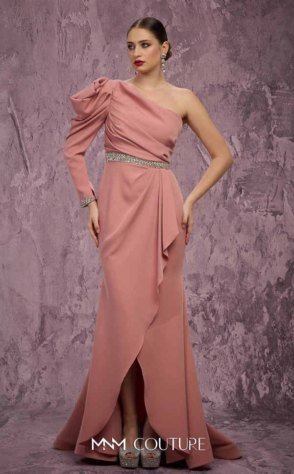 One Shoulder Long Satin Evening Gown by MNM Couture Q2851