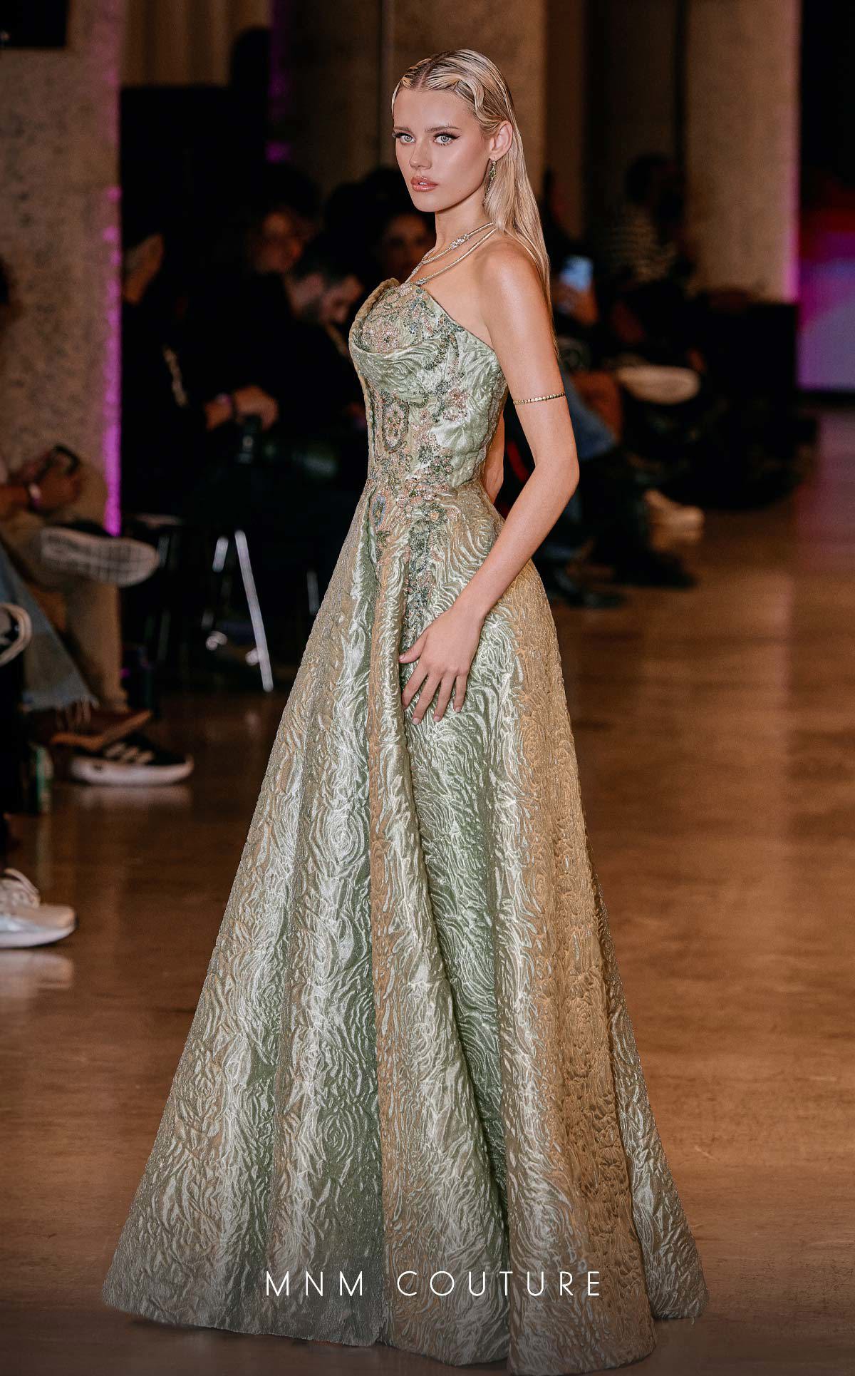 Strapless Long Brocade Prom Dress by MNM Couture Q3355 in Mint
