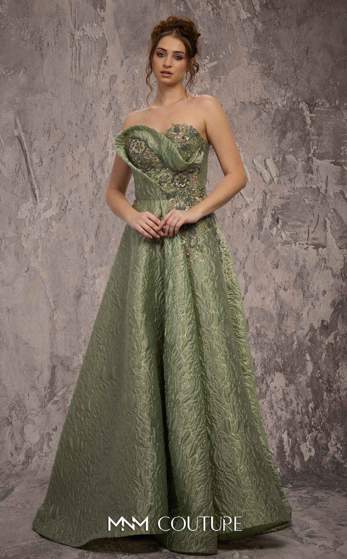 Strapless Long Brocade Prom Dress by MNM Couture Q3355 in Mint