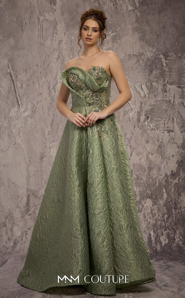 Strapless Long Brocade Prom Dress by MNM Couture Q3355