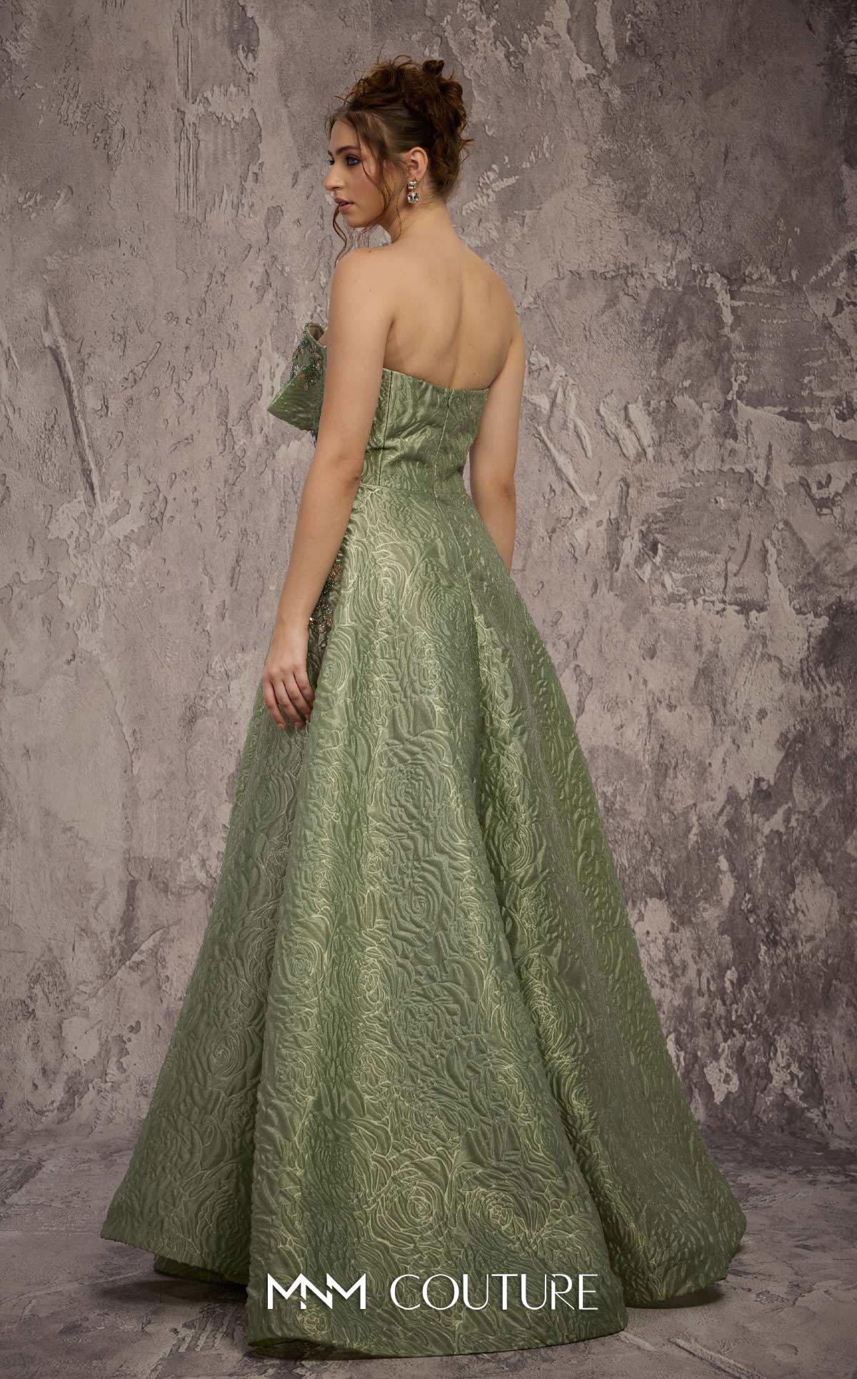 Strapless Long Brocade Prom Dress by MNM Couture Q3355 in Mint