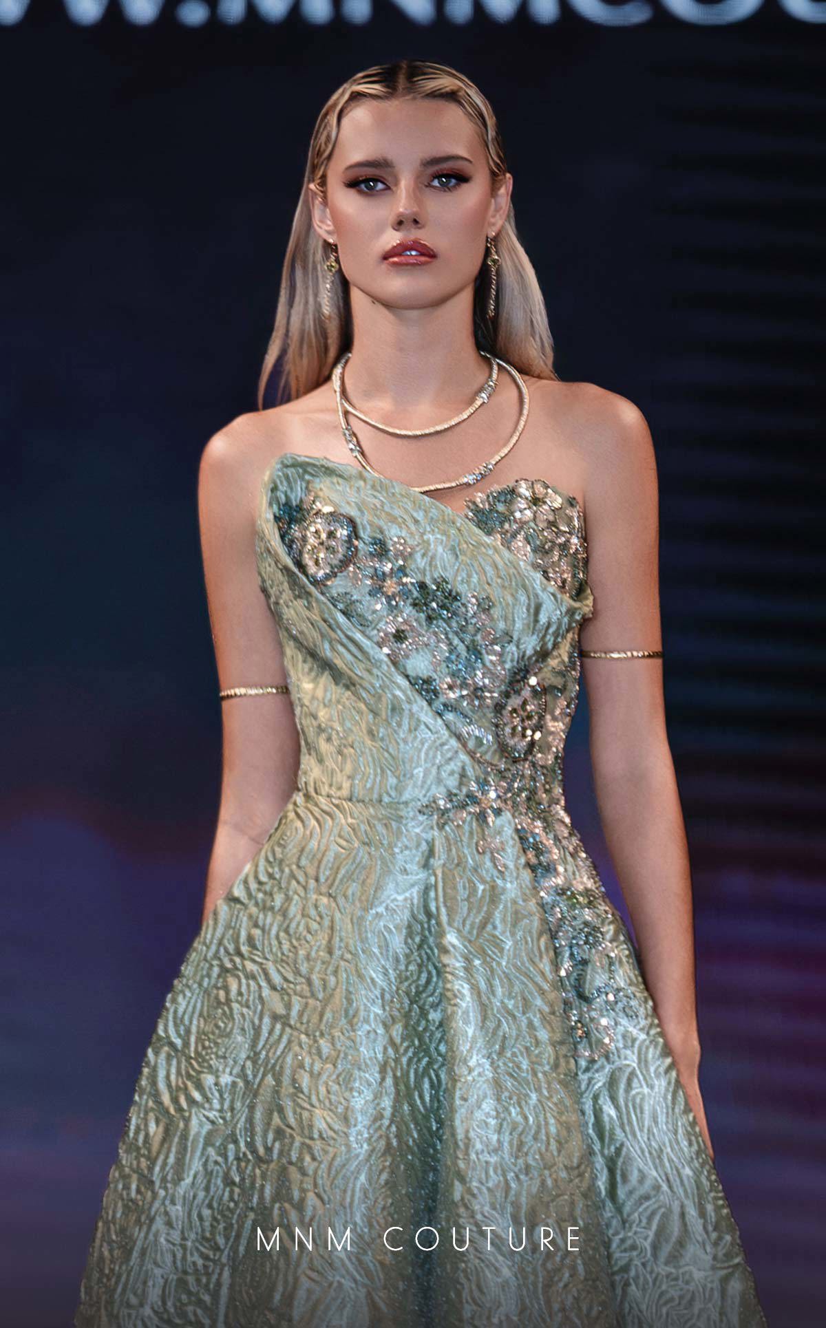Strapless Long Brocade Prom Dress by MNM Couture Q3355 in Mint