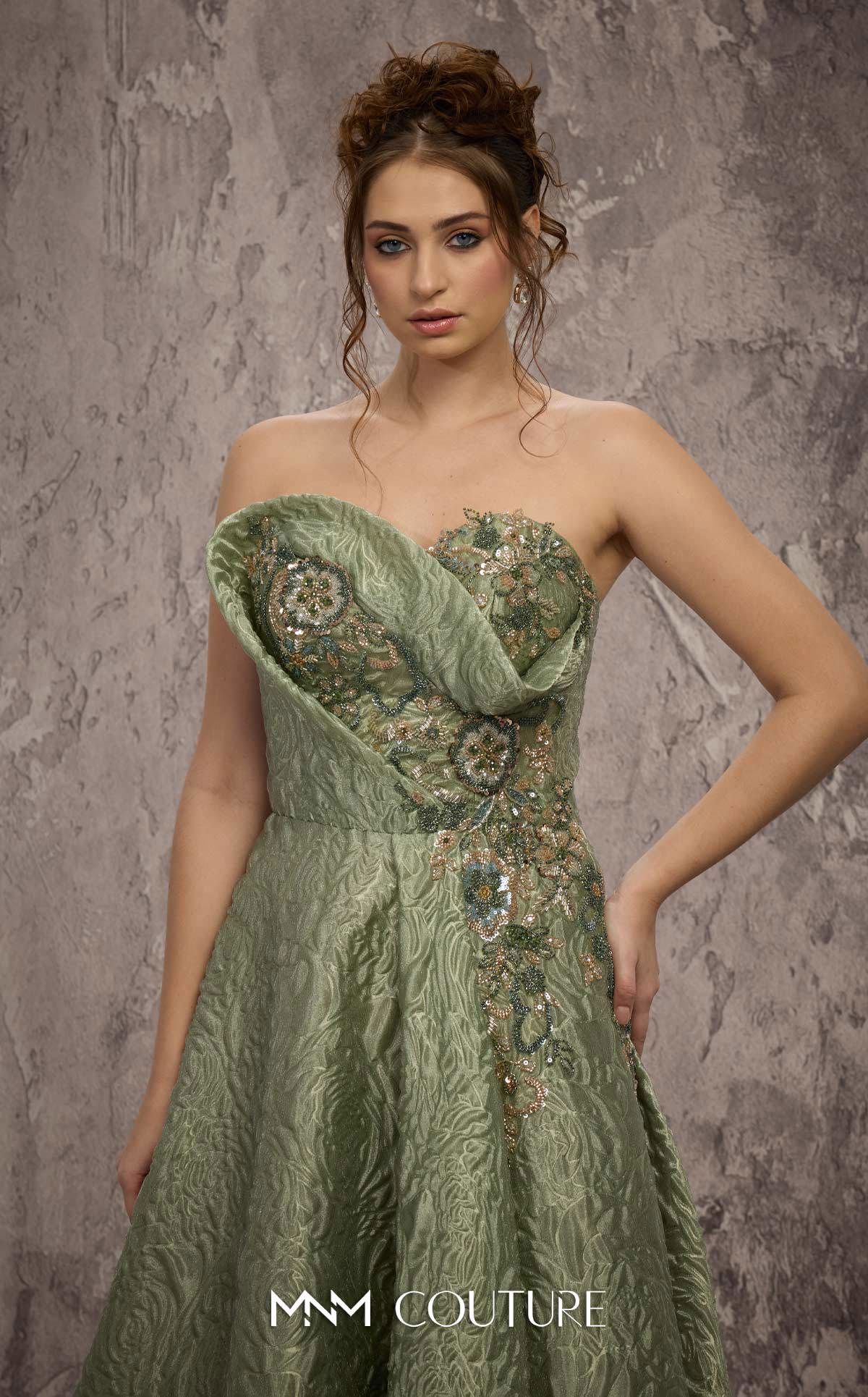 Strapless Long Brocade Prom Dress by MNM Couture Q3355 in Mint