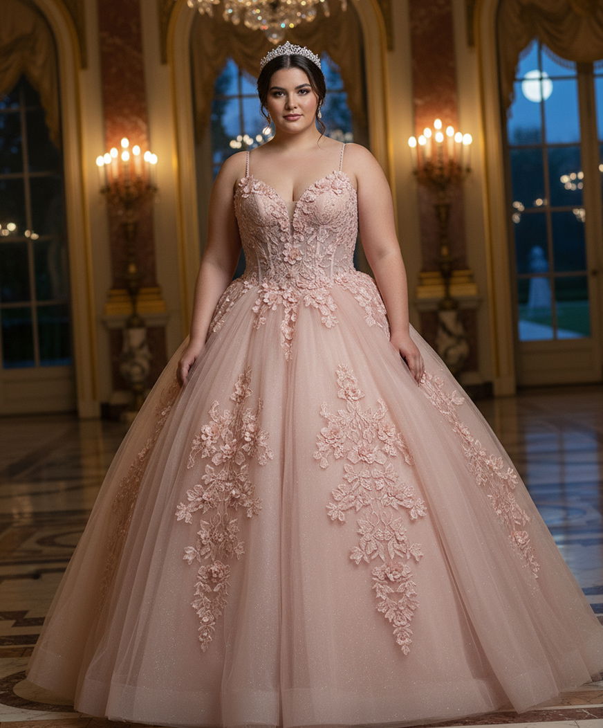 Quinceniera Dresses Ball Gown Long 3D Floral Applique Quinceanera Dress Jovani Q43431 Blush