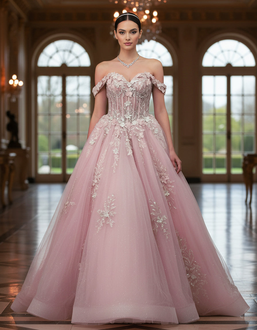 Quinceniera Dresses 3D Floral Applique Long Beaded Ball Gown Lace Quinceanera Dress Jovani Q43434 Blush