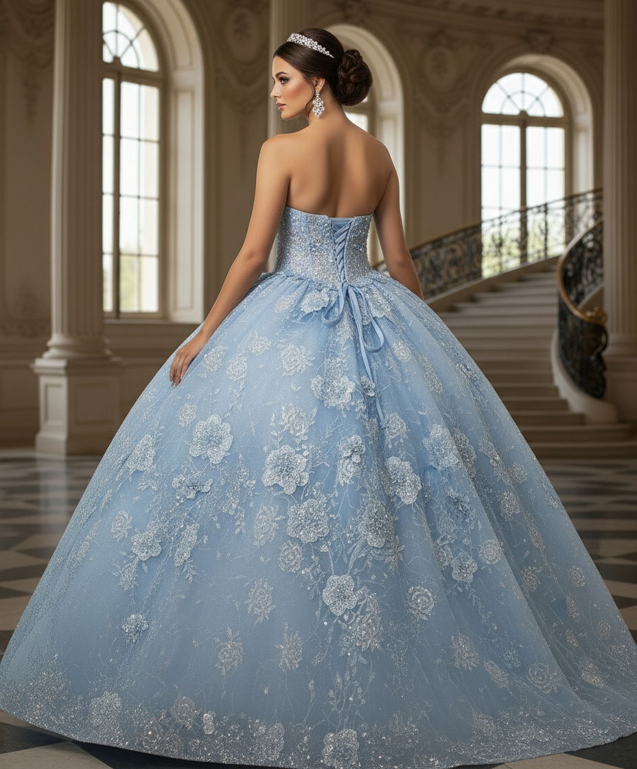 Quinceniera Dresses Lace Applique Ball Gown Long Corset Floral Sequin Quinceanera Dress Jovani Q43813 Blue