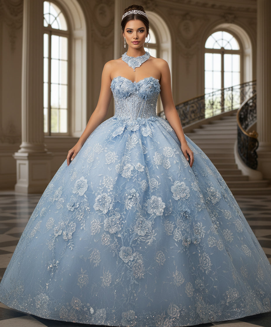 Quinceniera Dresses Lace Applique Ball Gown Long Corset Floral Sequin Quinceanera Dress Jovani Q43813 Blue