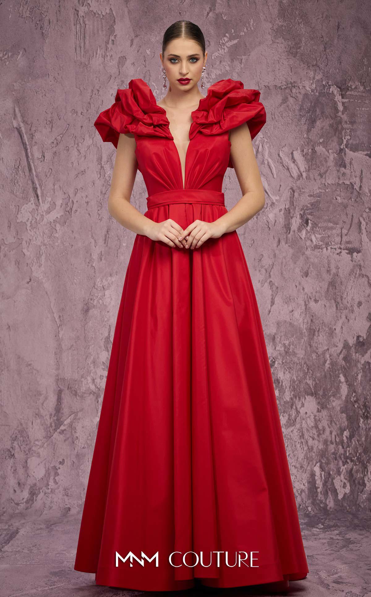 Deep V-Neck Long Satin Evening Gown by MNM Couture Q4363 in Red