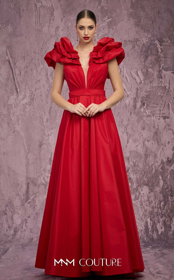 Deep V-Neck Long Satin Evening Gown by MNM Couture Q4363
