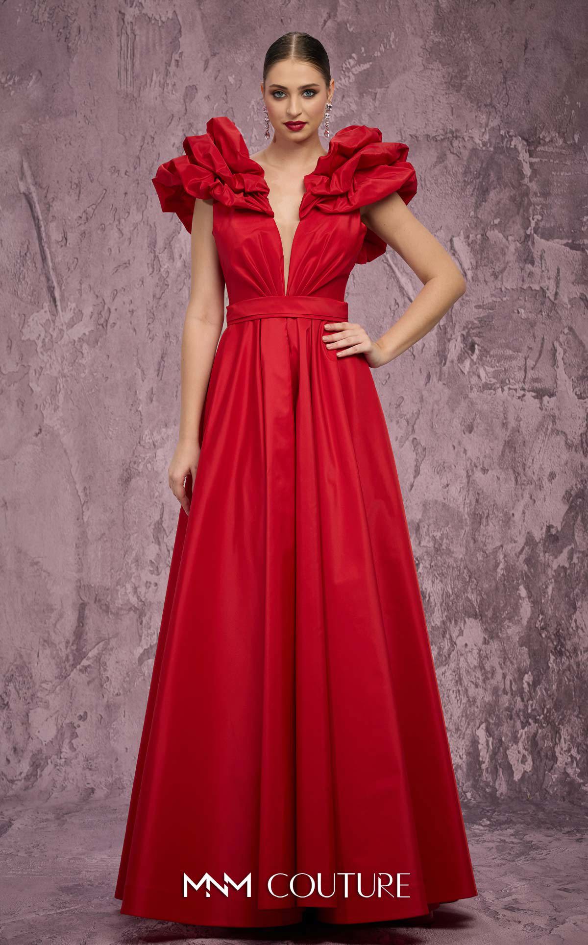 Deep V-Neck Long Satin Evening Gown by MNM Couture Q4363 in Red
