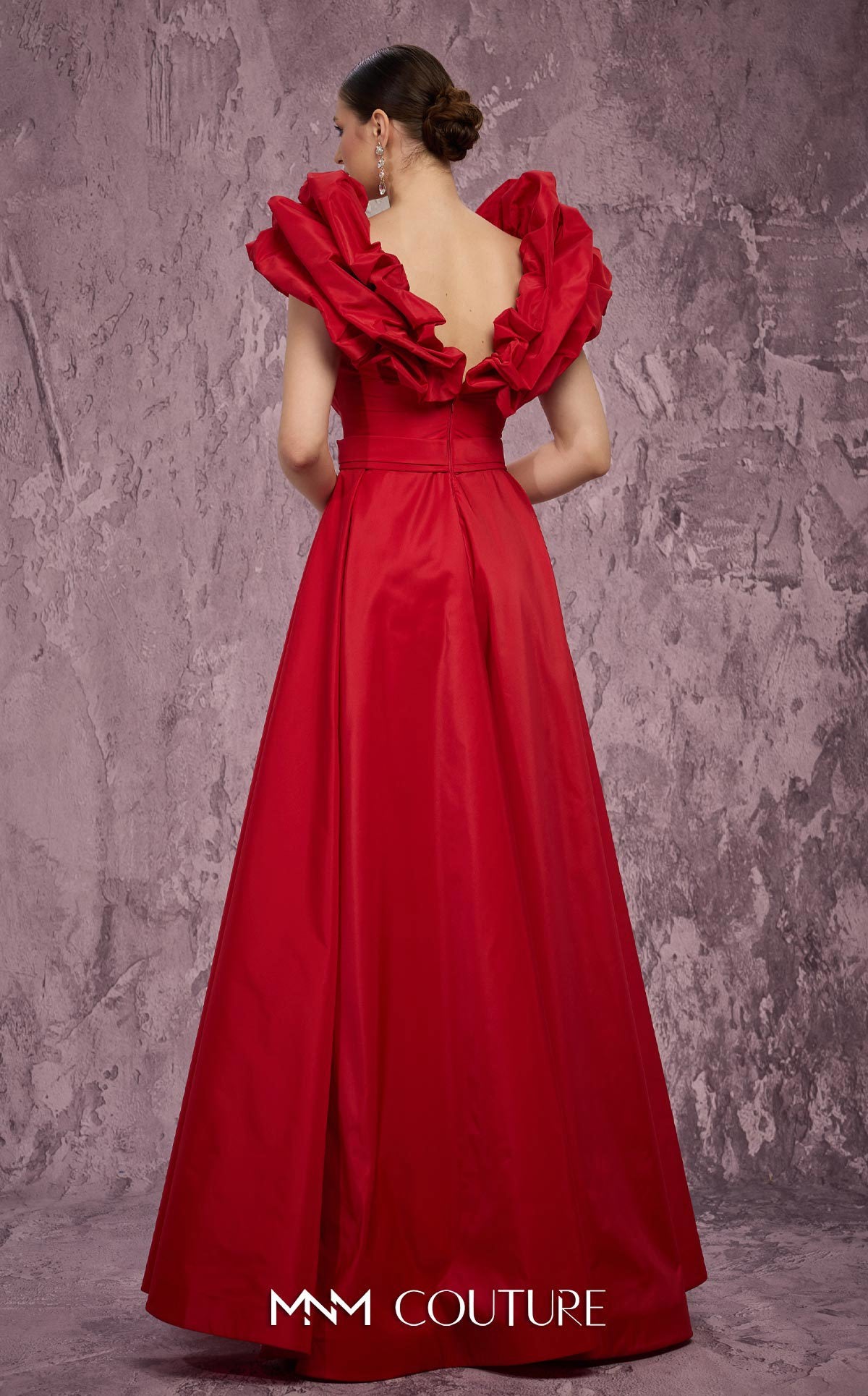 Deep V-Neck Long Satin Evening Gown by MNM Couture Q4363 in Red