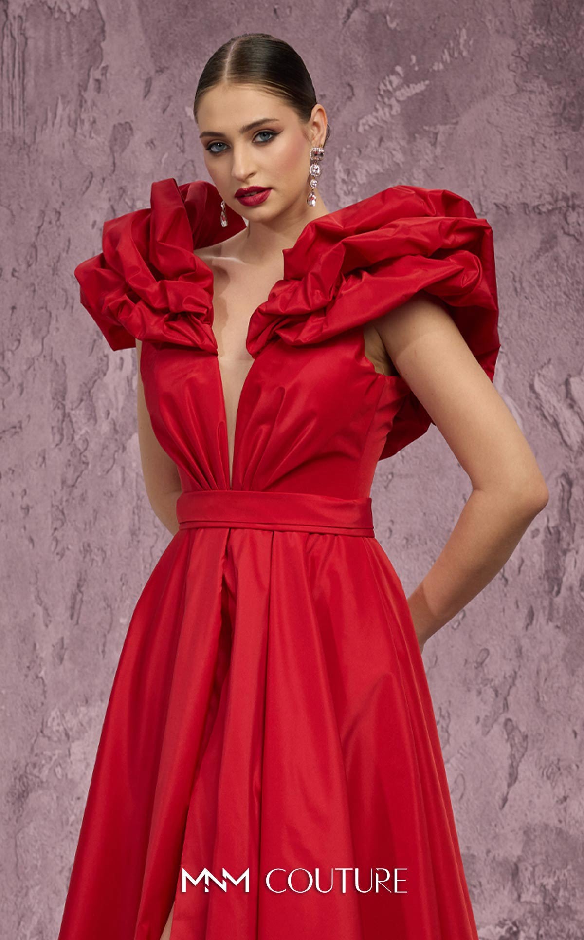 Deep V-Neck Long Satin Evening Gown by MNM Couture Q4363 in Red