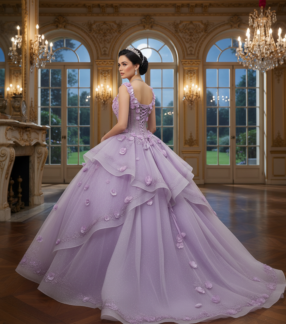 Quinceniera Dresses 3D Floral Applique Beaded Ball Gown Long Ruffle Quinceanera Dress Jovani Q43810 Lavender