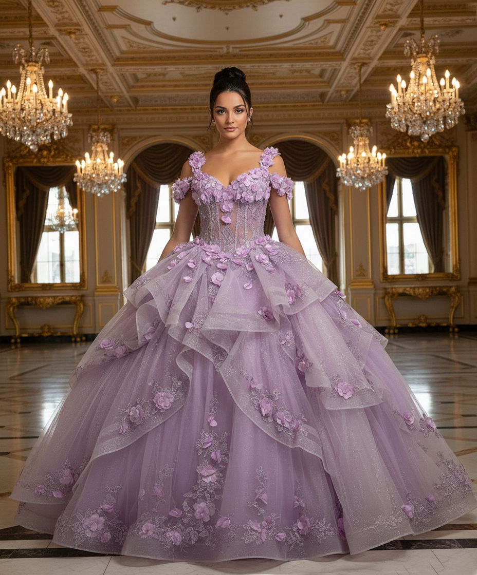Quinceniera Dresses 3D Floral Applique Beaded Ball Gown Long Ruffle Quinceanera Dress Jovani Q43810 Lavender