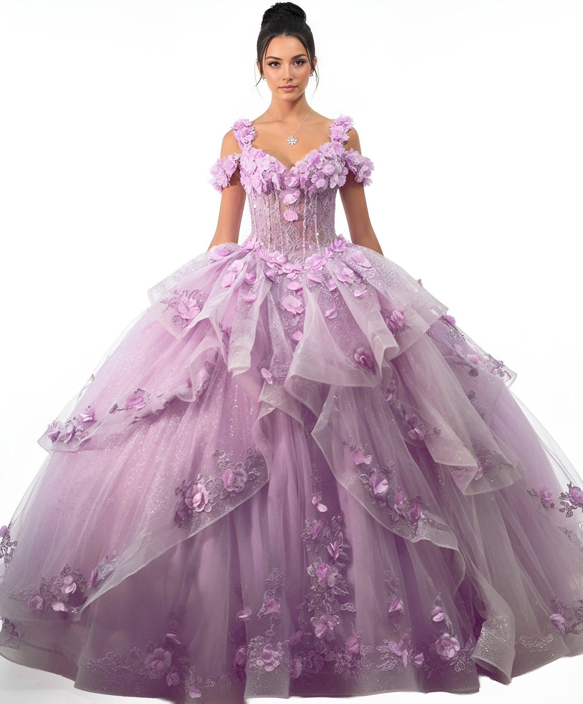 Quinceniera Dresses 3D Floral Applique Beaded Ball Gown Long Ruffle Quinceanera Dress Jovani Q43810 Lavender