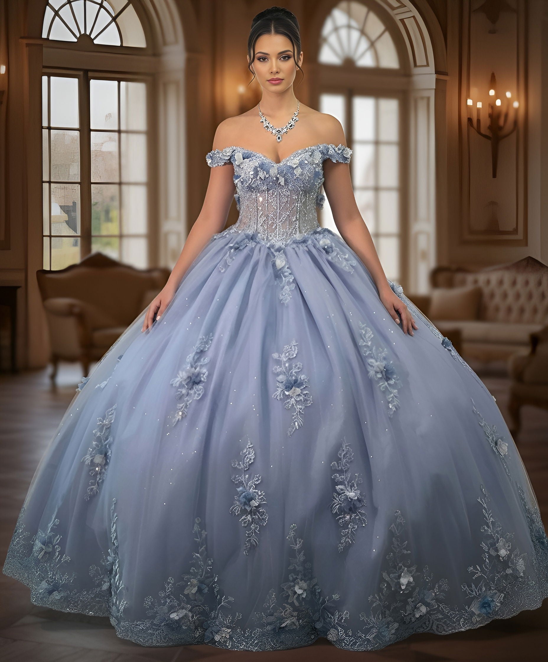 Quinceniera Dresses Ball Gown 3D Floral Applique Long Quinceanera Dress Jovani Q43820 Blue