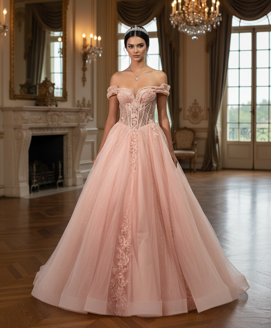 Quinceniera Dresses Lace Corset Glitter Long 3D Floral Ball Gown Quinceanera Dress Jovani Q44558 Blush