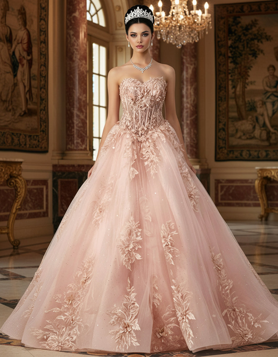 Quinceniera Dresses Lace Applique Beaded 3D Floral Long Ball Gown Quinceanera Dress Jovani Q45684 Blush