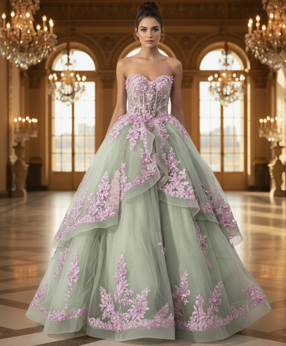 Quinceniera Dresses Long Floral Applique Ball Gown Quinceanera Dress Jovani Q45685 Sage/Lilac