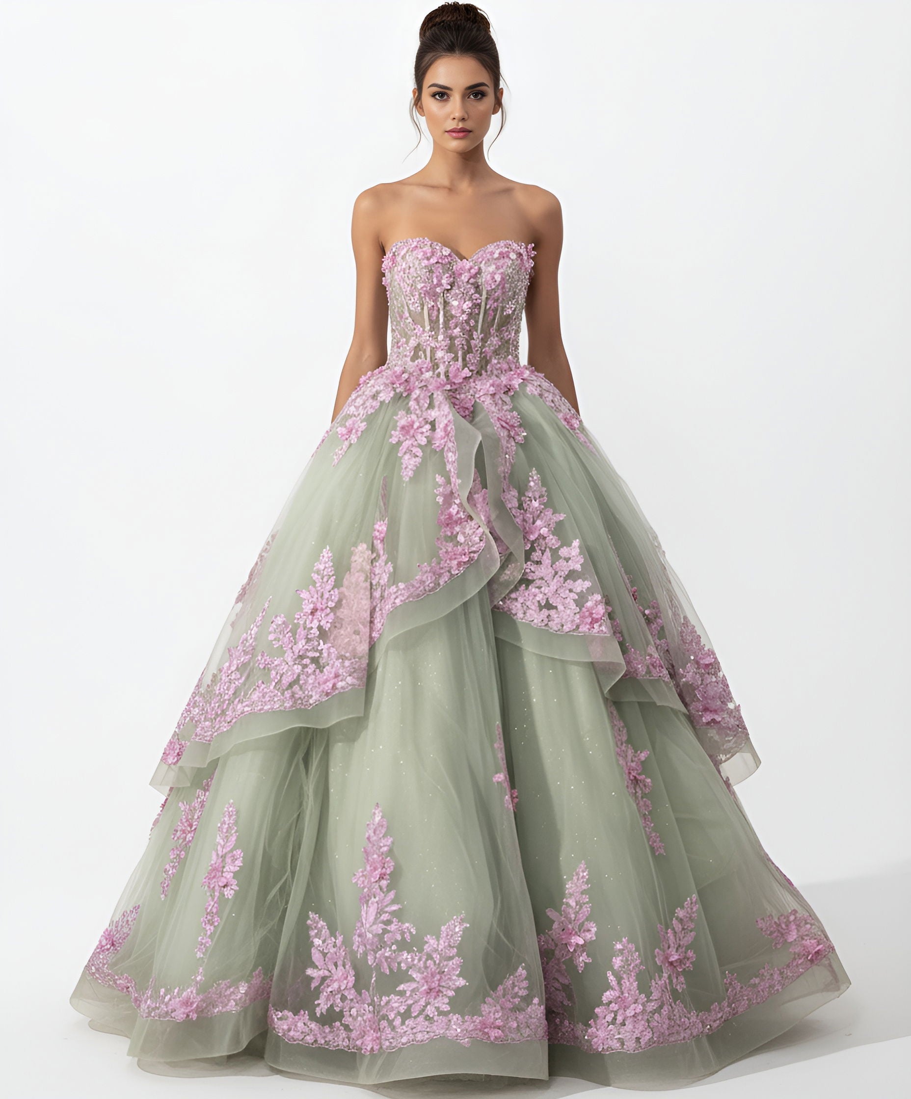 Quinceniera Dresses Long Floral Applique Ball Gown Quinceanera Dress Jovani Q45685 Sage/Lilac