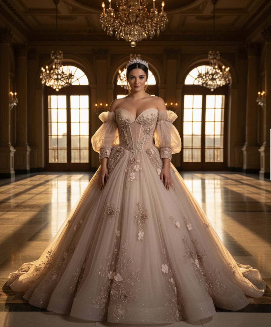 Quinceniera Dresses Beaded Long Corset 3D Floral Applique Ball Gown Quinceanera Dress Jovani Q46662 Mocha