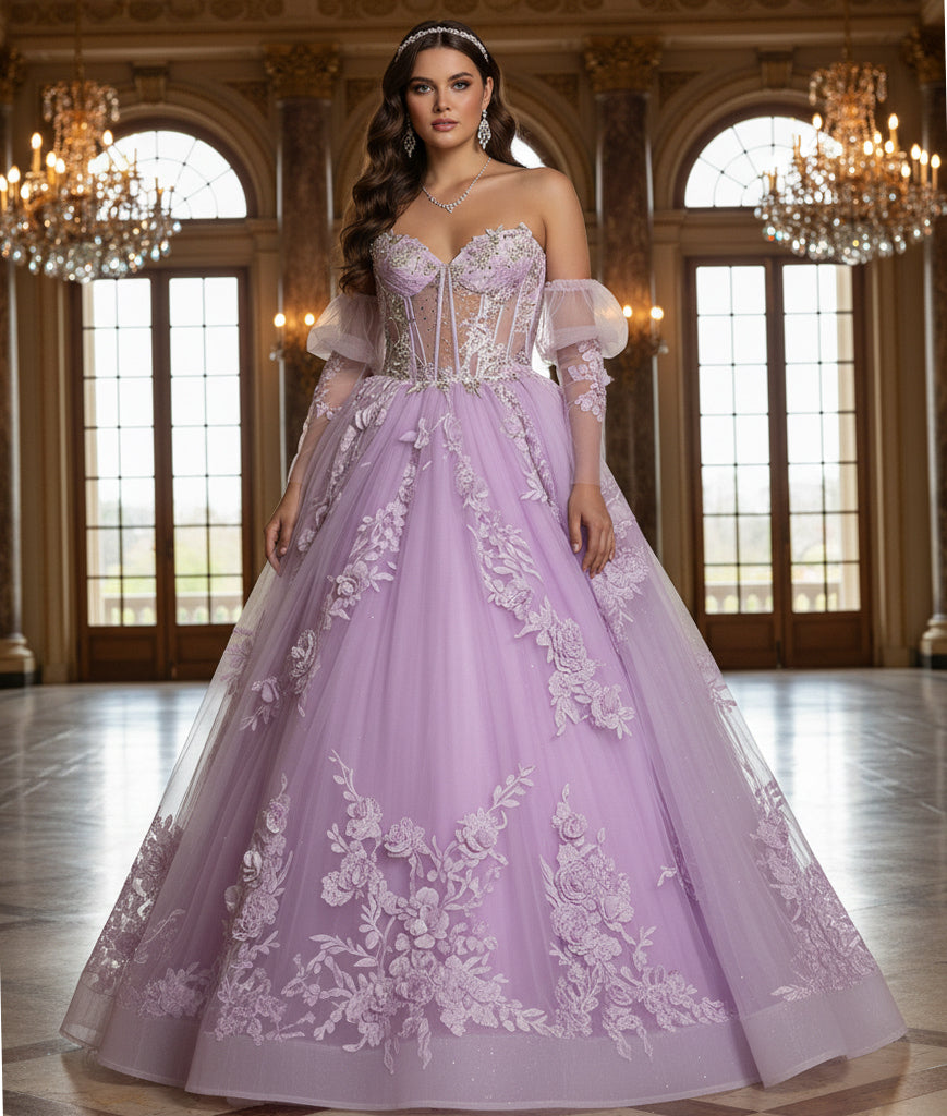 Quinceniera Dresses Corset Beaded Long 3D Floral Lace Applique Quinceanera Dress Jovani Q46664 Lilac