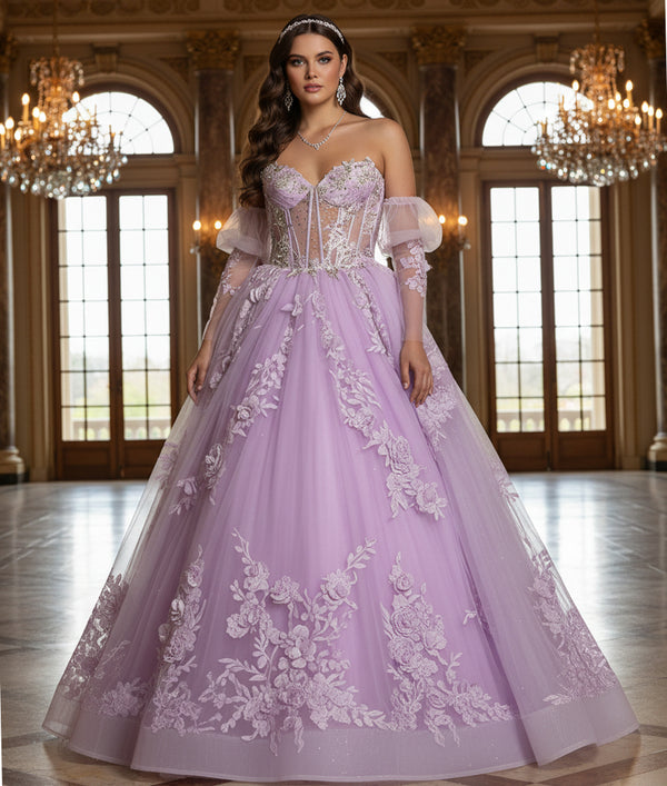 Corset Beaded Long 3D Floral Lace Applique Quinceanera Dress Jovani Q46664