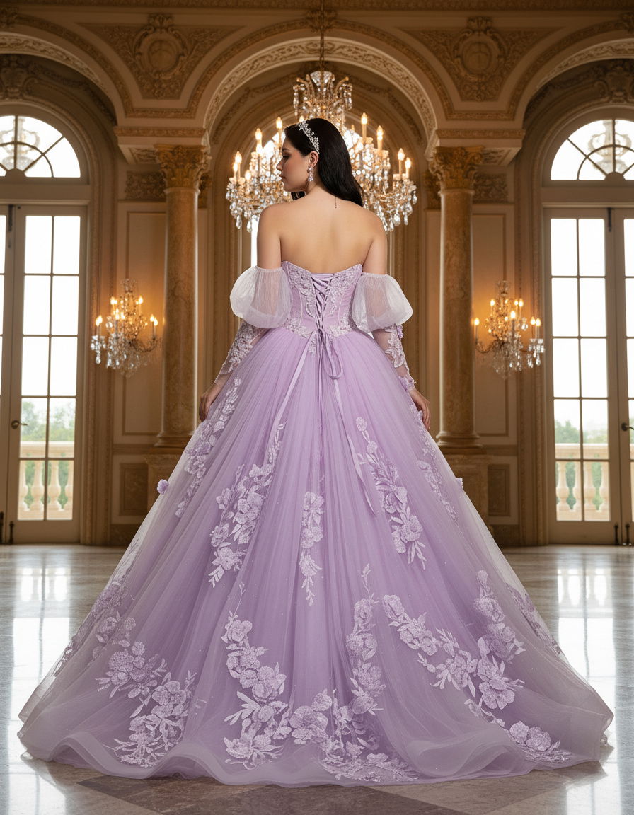 Quinceniera Dresses Corset Beaded Long 3D Floral Lace Applique Quinceanera Dress Jovani Q46664 Lilac