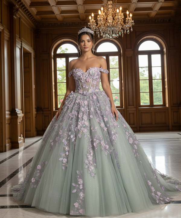 Long Ball Gown 3D Floral Applique Beaded Corset Quinceanera Dress Jovani Q46665