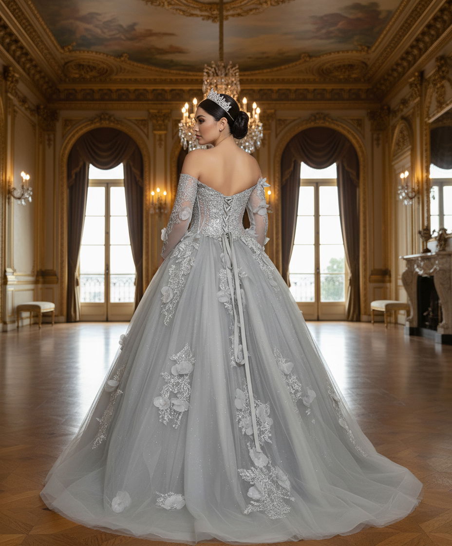 Quinceniera Dresses 3D Floral Lace Applique Beaded Long Corset Ball Gown Quinceanera Dress Jovani Q46666 Silver