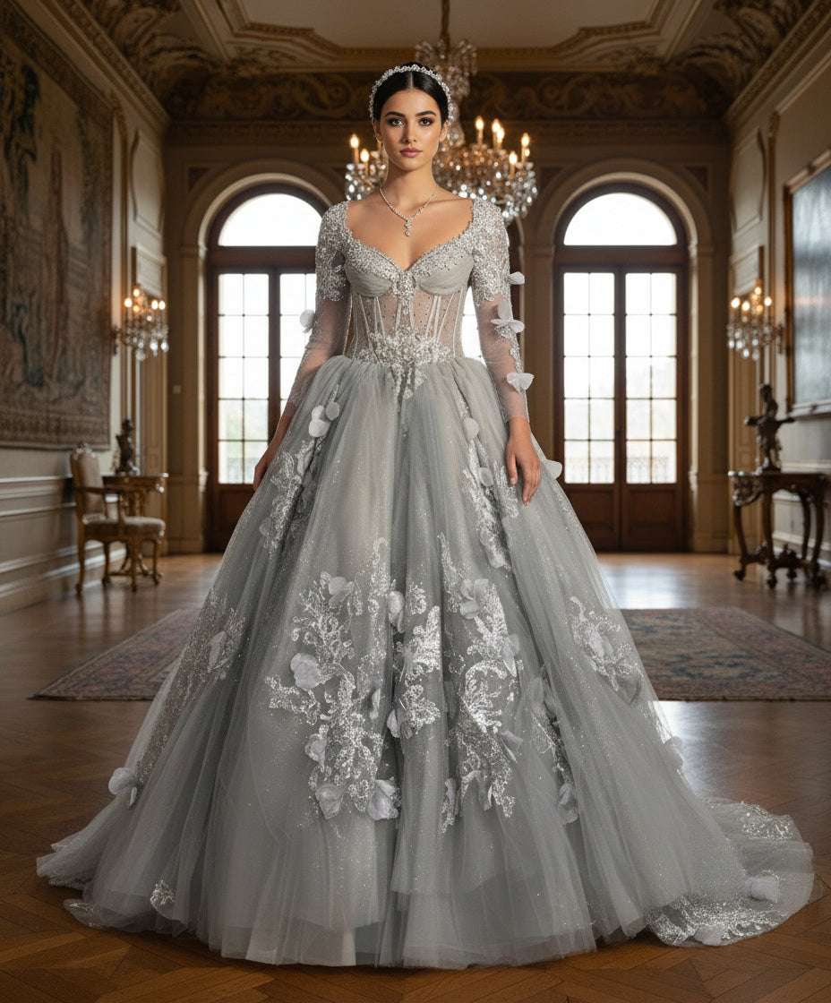 Jovani Q46666 3D Floral Lace Applique Beaded Long Corset Ball Gown Quinceanera Dress - Silver