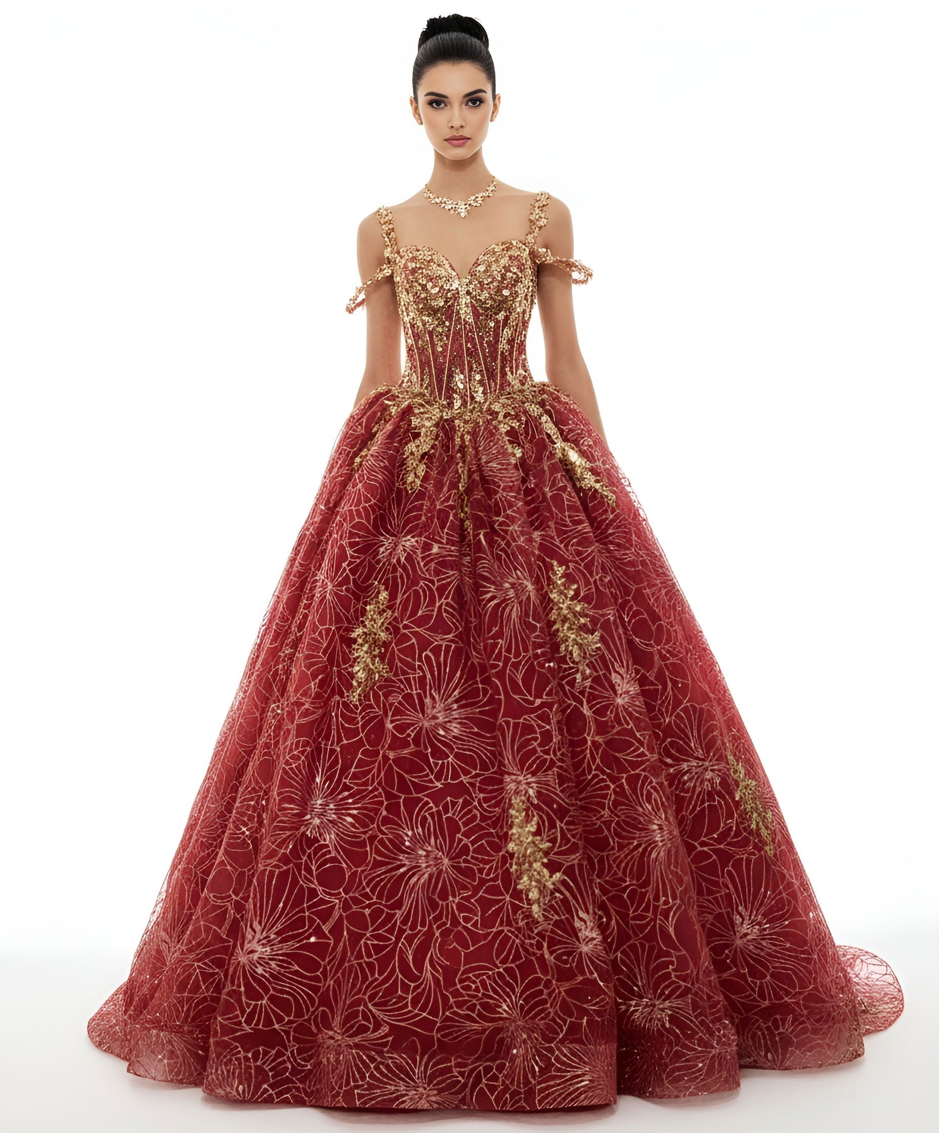 Quinceniera Dresses Lace Applique Long Beaded Metallic Quinceanera Dress Jovani Q47377 Wine/Gold