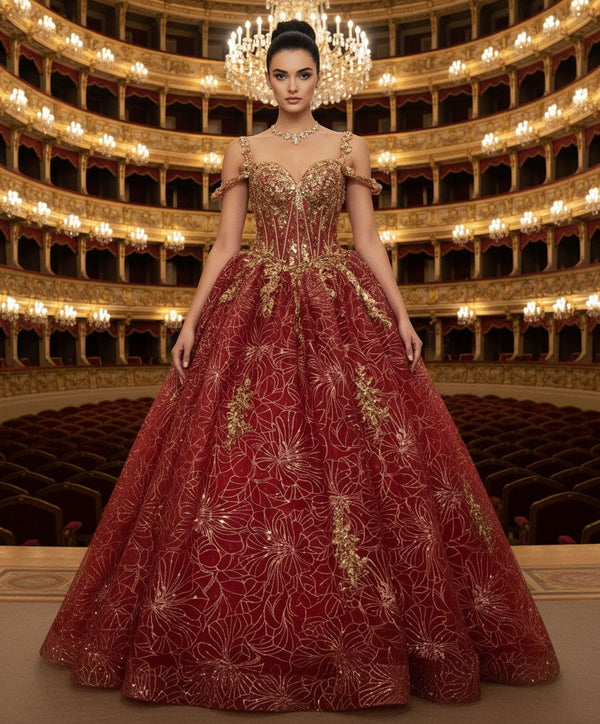 Lace Applique Long Beaded Metallic Quinceanera Dress Jovani Q47377