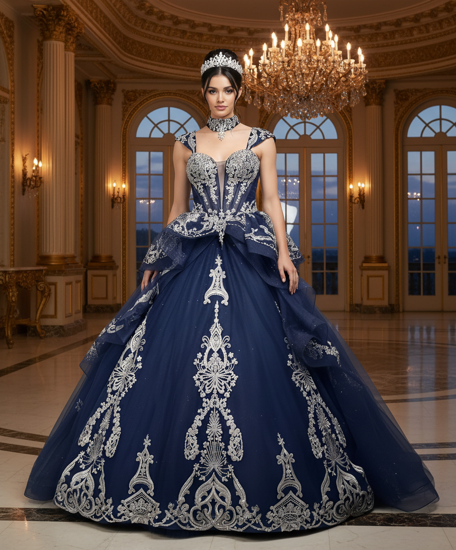 Quinceniera Dresses Metallic Ball Gown Long Beaded Quinceanera Dress Jovani Q48438 Dark Blue/Silver