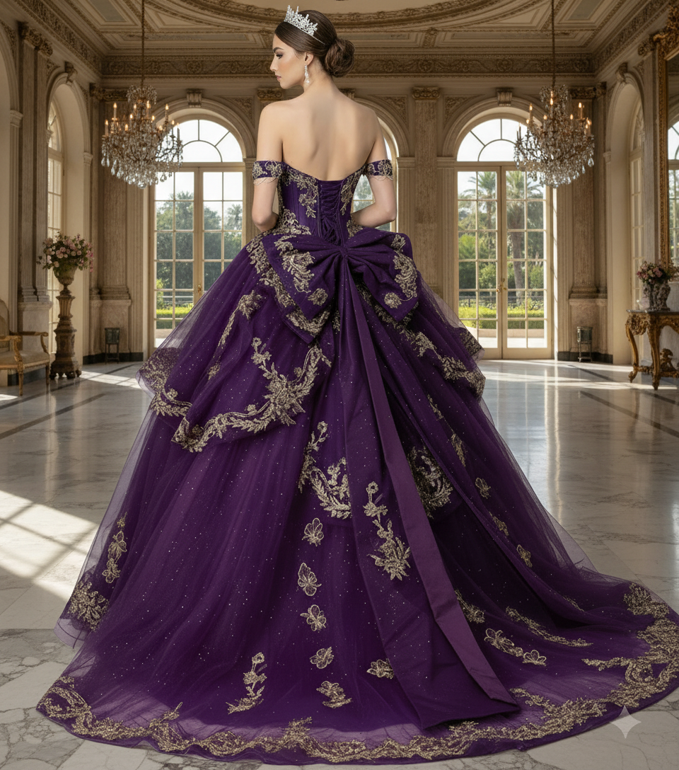 Quinceniera Dresses Ball Gown Metallic Long Beaded Ruffle Quinceanera Dress Jovani Q48439 Purple/Gold