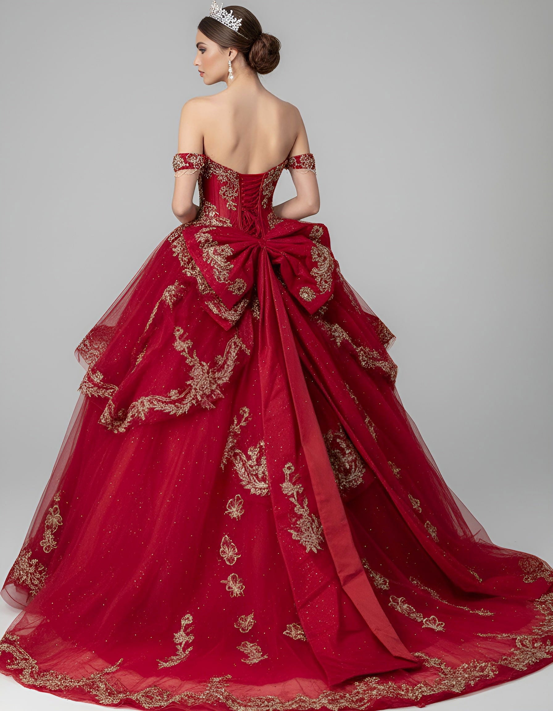 Quinceniera Dresses Ball Gown Metallic Long Beaded Ruffle Quinceanera Dress Jovani Q48439 Wine/Gold