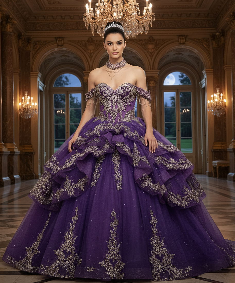 Quinceniera Dresses Ball Gown Metallic Long Beaded Ruffle Quinceanera Dress Jovani Q48439 Purple/Gold