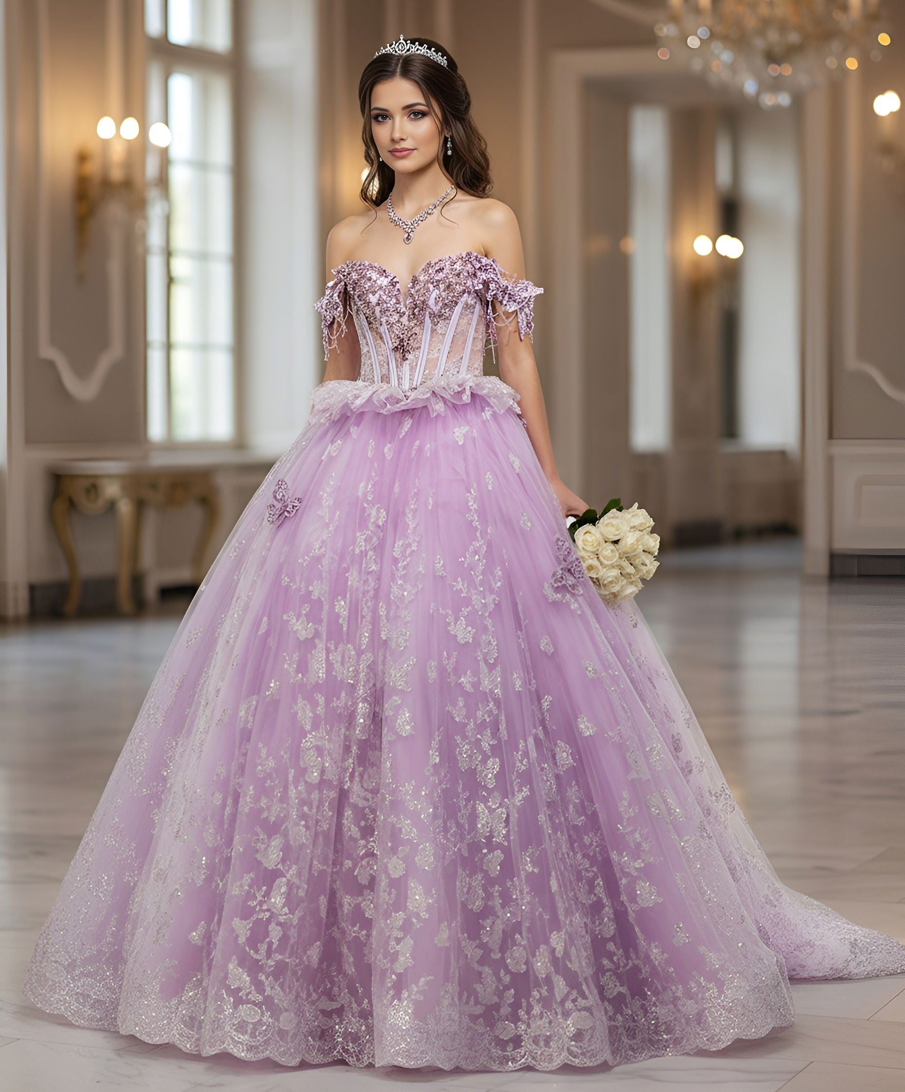Quinceniera Dresses 3D Floral Applique Long Ball Gown Corset Quinceanera Dress Jovani Q48441 Lilac