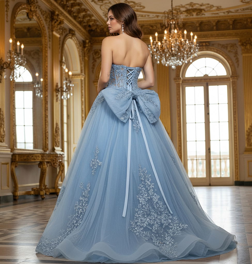 Quinceniera Dresses Floral Lace Applique Long Beaded Ball Gown Corset Quinceanera Dress Jovani Q49712 Light Blue