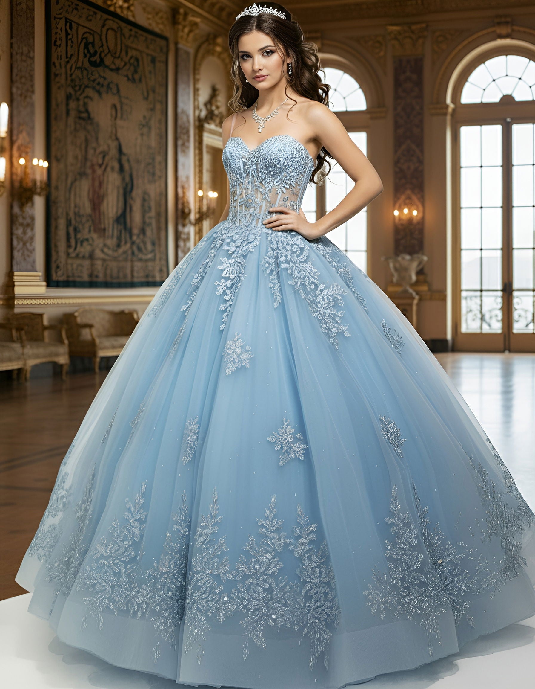 Quinceniera Dresses Floral Lace Applique Long Beaded Ball Gown Corset Quinceanera Dress Jovani Q49712 Light Blue
