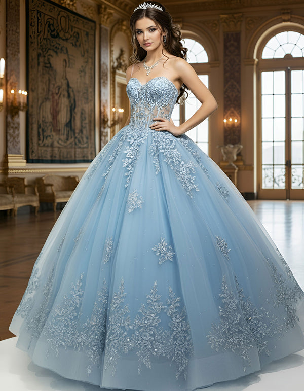Floral Lace Applique Long Beaded Ball Gown Corset Quinceanera Dress Jovani Q49712