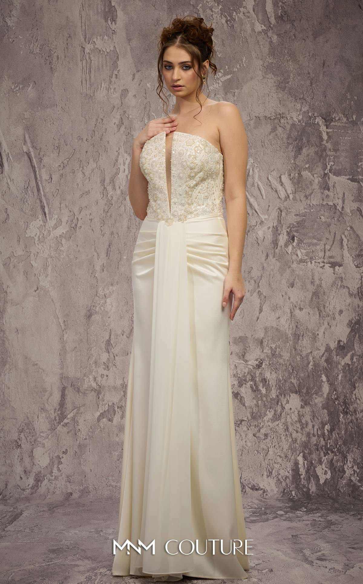 Strapless Long Satin Formal Gown by MNM Couture Q7545 in Off White