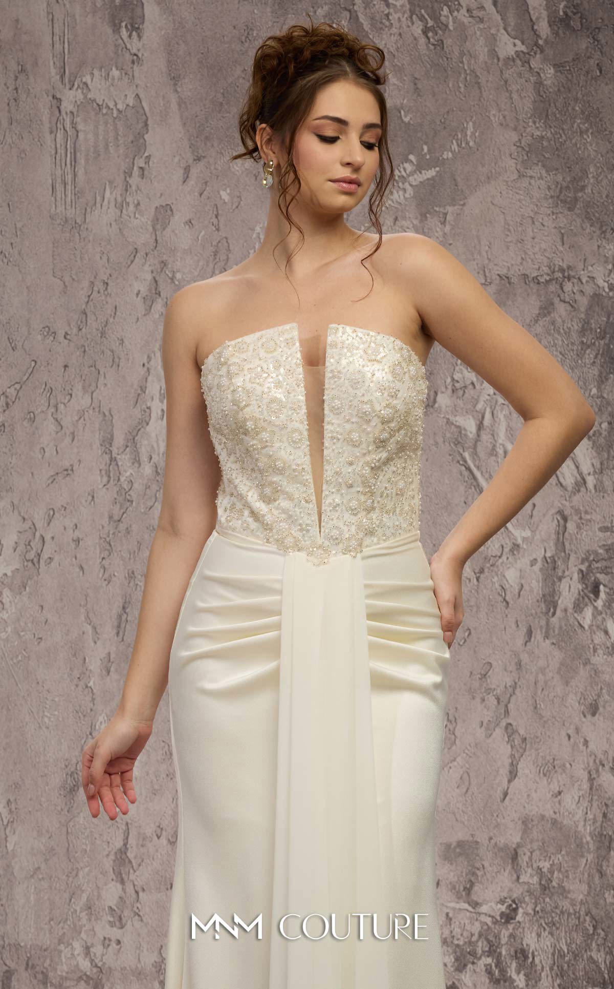 Strapless Long Satin Formal Gown by MNM Couture Q7545 in Off White