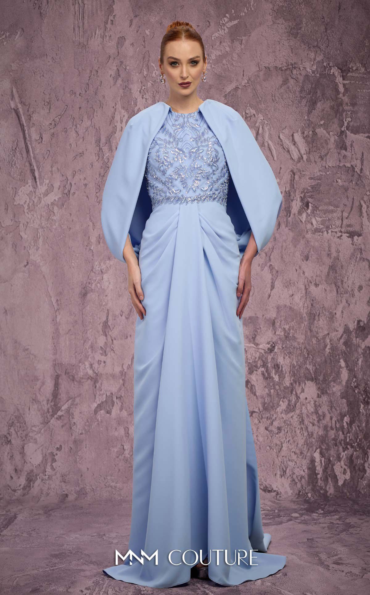 Embellished Caped Long Satin Formal Gown by MNM Couture Q7615 in Blue