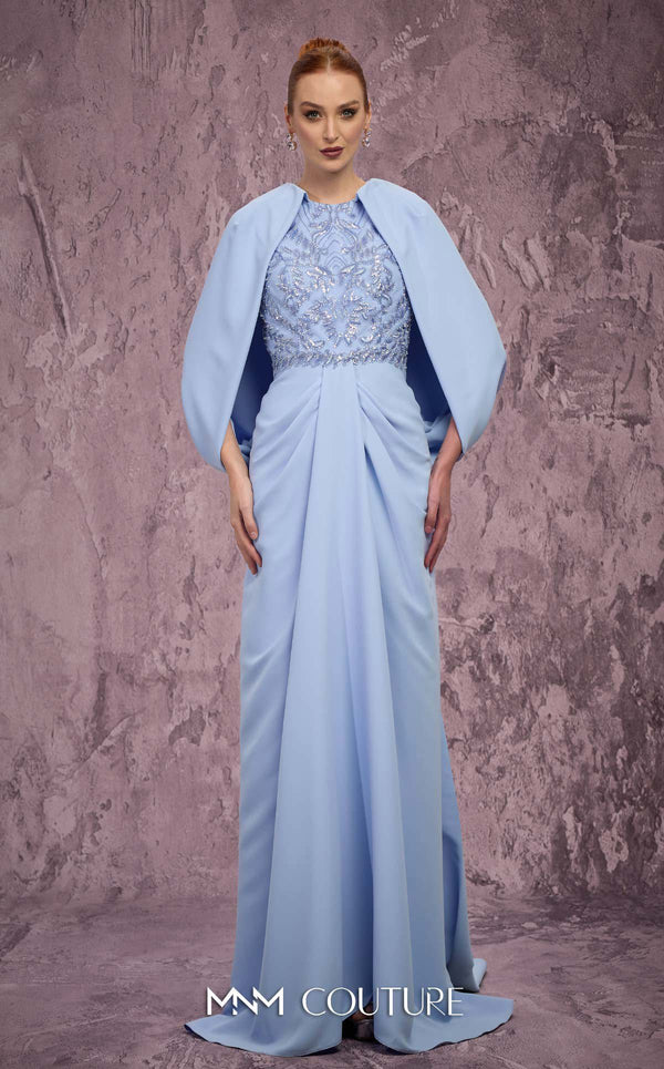 Embellished Caped Long Satin Formal Gown by MNM Couture Q7615
