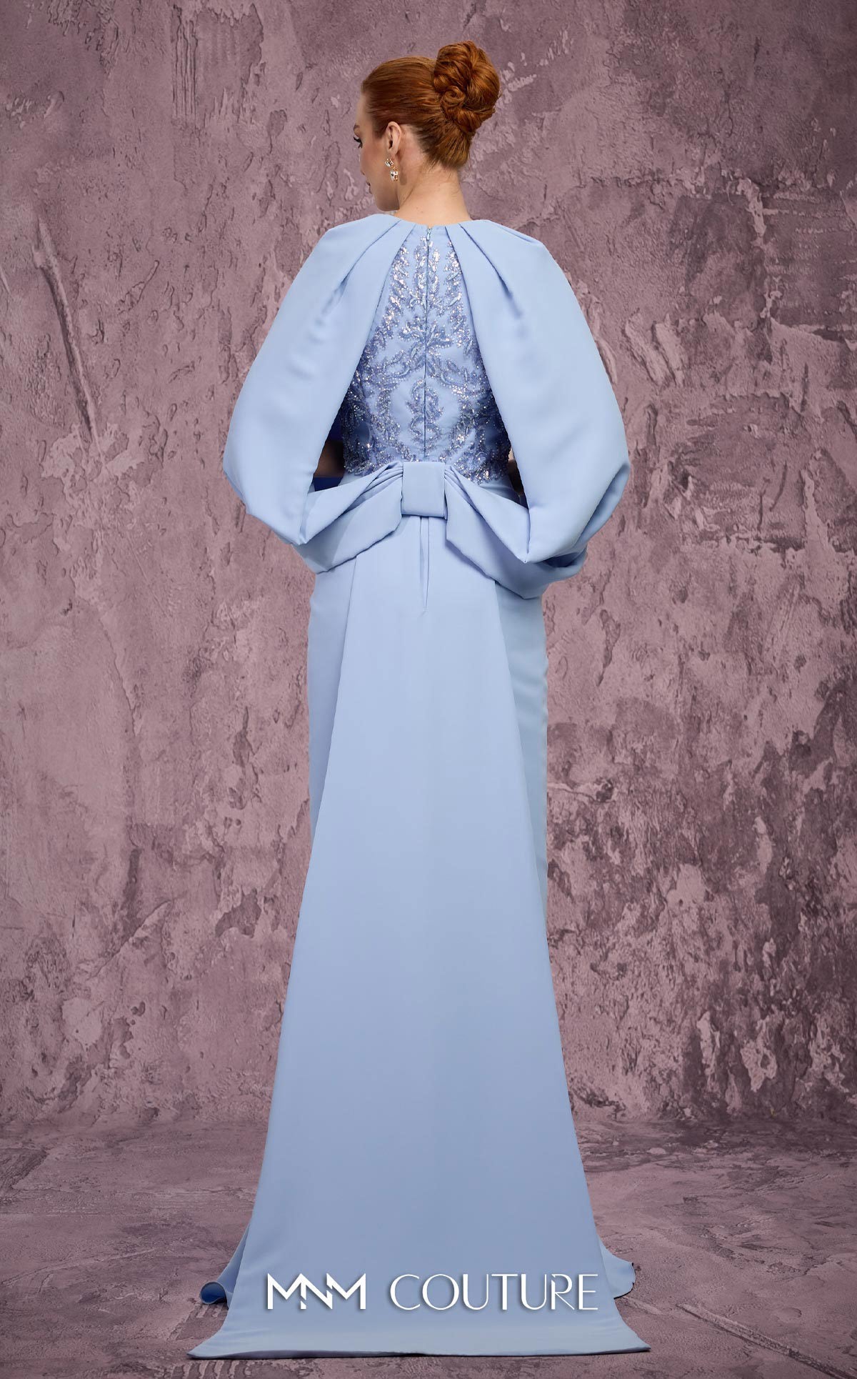 Embellished Caped Long Satin Formal Gown by MNM Couture Q7615 in Blue